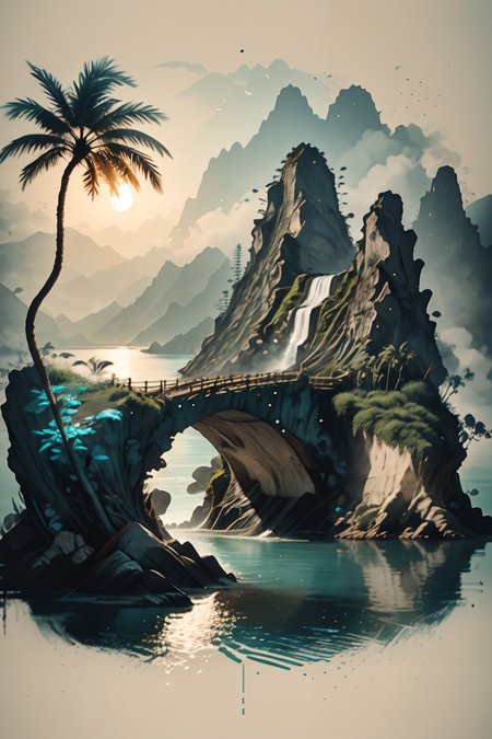 <lora:Calligraphy-ink-style-darquelilly-v1:1> calligraphyinkstyle,a blue lagoon, palm trees and white lilies, in the center is a huge waterfall as a cave entrance, crystal clear sea water, peacful atmosphere, volumetric lighting, <lora:dAIversity-LoRAtest-Photoreal-SD15-01:0.7>