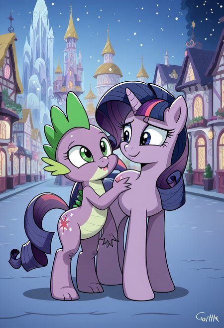 score_9, score_8_up, score_7_up, (Twilight Rarity and Spike Together mlp detailed face cutie mark night time city background snowing 1.2), cute, very fuzzy,(detailed background), safe_rating