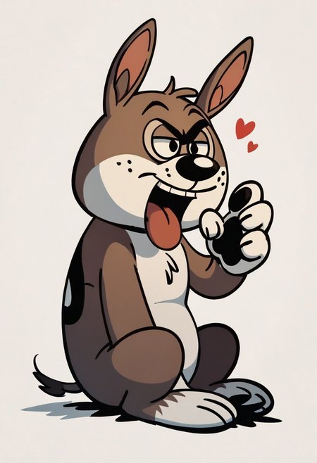 (score_9 | score_8_up | score_7_up) ((masterpiece:1))(best quality,very high quality,ultra detailed:1.2) (2D,cartoon style,anime style)(Smooth:2)(clean blurring) (four fingers on each hand,one thumb on each hand:1), solo, charles, dog, black spot on left eye, white fur, paw, dog paws, donkey dog hybrid, Full Donkey, half donkey, donkey head, donkey ears, donkey tail,