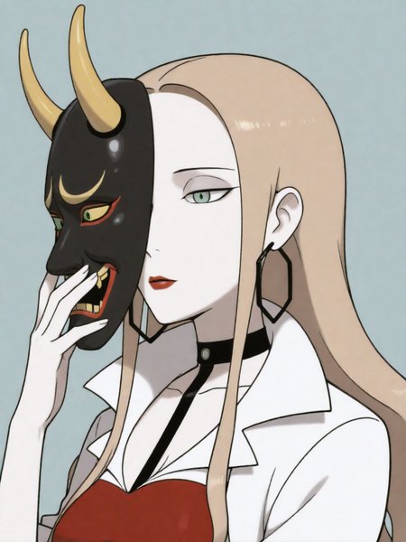 ILXLpos,zzOleana, green eyes, blonde hair, long hair, red lips,hoop earrings, black choker, red shirt, black pencil shirt, white coat,upper body,holding a hannya mask,<lora:Oleana:0.8>,<lora:Hannya IL:0.8>