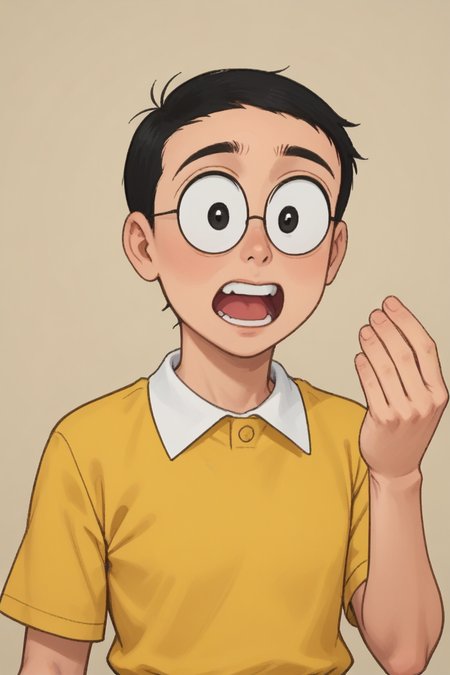 NOBITA,ROUND GLASSES,YELLOW SHIRTS,BLACK HAIR,BLACK EYES,<lora:nobita:0.7>,
upper body,clean face,Surprised expression, :O,
hud_it4lian_g3sture, hand up, looking at viewer, upper body, open mouth, teeth,
 <lora:pinchedfingers:0.9>
<lora:sdxl_lightning_8step_lora:1>,
score_9, score_8_up, score_7_up,score_6_up,dof,source_anime,
hyper-Detailed, masterpiece, best Quality,film Grain,