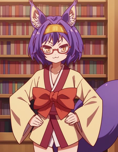 score_9, score_8_up, score_7_up, source_anime, <lora:izuna-hatsuse-s1-ponyxl-lora-nochekaiser:1>, izuna hatsuse, short hair, animal ears, purple hair, hairband, animal ear fluff, fox ears, slit pupils, yellow eyes,, bow, tail, japanese clothes, wide sleeves, kimono, fox tail, short kimono,, library, reading books, glasses, quiet, focused, shelves of books, smile, , smug, hands on hips,, solo,, cowboy shot, dutch angle
