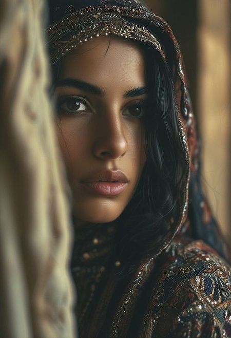 medium shot, dark photo, a evocative medium shot of a beautiful arabian woman