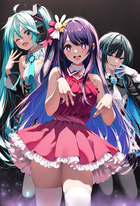 (masterpiece, high quality, amazing detail), highres, year 2023, year 2024, very awa, newest, 4b-enpitsu, takepon1123,
3girls, multiple girls, vocaloid, idol, concert, hand pose
BREAK
{miku hatsune, ahoge, aqua Eyes, aqua hair, crossed bangs, hair between eyes, hair ornament, headphones, long hair, twintails, one eye closed, medium breasts, standing, black footwear, black skirt, black sleeves, collared shirt, detached sleeves, grey shirt, necktie, pleated skirt, shirt, sleeveless shirt, thigh boots, tie clip}
BREAK
{hoshino ai, oshi no ko, long hair, bangs, purple eyes, purple hair, symbol-shaped pupils, one side up, hair ornament, hair ribbon, skirt, thighhighs, white thighhighs, zettai ryouiki, idol, dress, pink dress, sleeveless, pink skirt, frilled skirt, bare shoulders, collar, white collar}
BREAK
{chando \(ado\), ado \(utaite\), blue eyes, hair between eyes, mole under eye, long hair, blue hair, black hair, colored inner hair, two-tone hair, sidelocks, white shirt, collared shirt, white gloves, long sleeves, black bowtie, utaite, utaite, flower brooch}
 <lora:ponyv4_noob1_2_adamW:0.6>