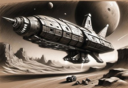 (masterpiece), 
Black and white Renaissance drawing of a simple spaceship, road to mars,
Black and white tones,
HDR, highly detailed, 32k, 
looking at viewer, Style-Renaissance