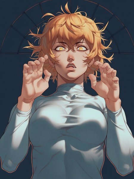 score_9, score_8_up, score_7_up, 1girl, ghost costume, messy hair, medium breasts, expressionless, open mouth, yellow eyes, hands up, baggy eyes,, dark room, dark theme, moon, window, courtains, webs on top, bright pupils, dynamic pose, dynamic angle, from below, dutch angle, 
 <lora:ANyoolie_Style:1>, NyoolieXL