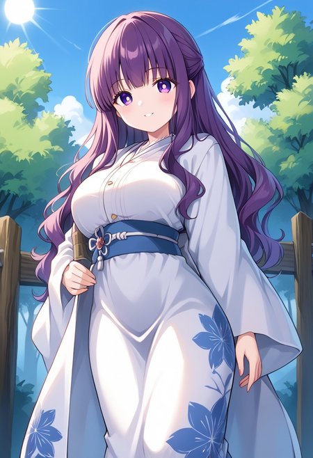 score_9, score_8_up, score_7_up, score_6_up, score_5_up, score_4_up, epic-Ultra-HD-details, epic-Ultra-HD-highlights, 2.5D-upscaled-resolution, source_anime, digital-quality, semi-realism, physically-realistic, lit, cutesie,
afrobullstyle, 
BREAK source_anime, anime, best quality, masterpiece, rating_safe, uncensored, High quality, 8k, Ultra, 
BREAK (outdoors,Forest, trees, rocks, mountains, blue sky, sun, cumulonimbus clouds),
BREAK  1girl, Fern_(Sousou_no_Frieren),purple eyes, purple pupils, purple hair, long hair, 
kimono, white kimono,wide sleeves, long sleeves, obi, sash, floral print, furisode, 
BREAK ((cowboy shot)),(standing),(from below),(((from front))),
busty breasts,（((large breasts:1.2))), (thick thighs,:1,2),(((wavy hair:1.2))), 
looking at viewer,smile,blush,((erect nipples)),