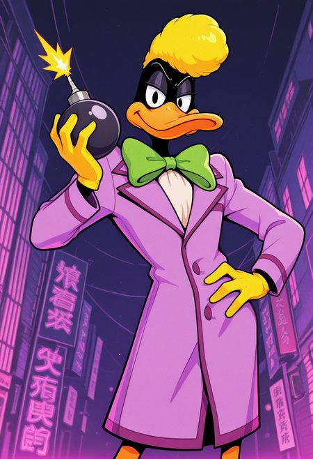masterpiece, best quality, Graphic Design, color art, vibrant colors, colorful, intricate details, high contrast, detailed background, beautiful detailed, beautiful face, detailed eyes, detailed face, new, newest, z00td4ffy, 1boy, solo, male focus, furry, duck, black skin, beak, black eyes, yellow hair, pompadour, suit, formal, purple coat, yellow gloves, green bowtie, cowboy shot, dynamic pose, smirk, looking at viewer, from below, low angle, night street, holding bomb, fuse,