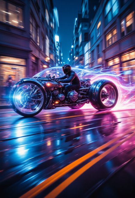 A custom-built hovercraft crafted from a repurposed aircraft turbine speeding through the neon-lit streets of a sprawling cyberpunk city. The turbine, stripped to its gleaming metallic core, hums with raw power, its thrusters glowing with an intense blue light as it hovers effortlessly above the ground. A minimalist seat is mounted atop the turbine, where a shadowy rider dressed entirely in black, including a featureless helmet, controls the vehicle with precision. The machine's rugged yet futuristic design stands out, with exposed cables and glowing energy lines accentuating its industrial aesthetic. Racing through the vibrant chaos, the craft leaves a shimmering trail of heat distortion and sparks, blending innovation with raw, unbridled speed.,d0ntst0pm3n0w, <lora:Dont_Stop_Me_Now.safetensors:0.8>,  <lora:DarkCore-000003.safetensors:1.0>,  <lora:arti_monopencildrawing_v01-000008.safetensors:0.5>,  <lora:aidmaGLOW-FLUX-V0.1.safetensors:0.5>,