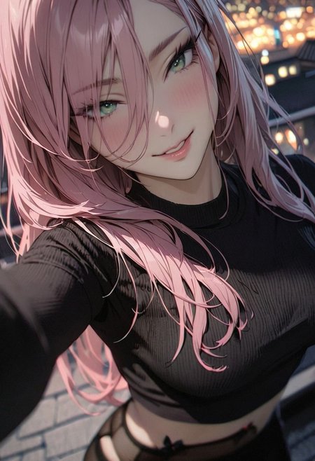 1woman, solo,  long hair, pink hair, black choker, green eyes, one eye covered by hair, eyeliner, gorgeous lips, tights, medium breasts
cinematic, (masterpiece), (best quality), (ultra-detailed), very aesthetic, illustration, detailed eyes, perfect eyes, detailed  face
black tank top, black thigh high stackings, black garter belt, skindentation lips, naughty face, smile, raised eyebrows, rooftop, night sky,