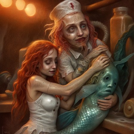 A sailor hugs a mermaid at a pasta factory.
rotten skin, by Chris Mars <lora:Chris_Mars:1> <lora:zkeleton:1>