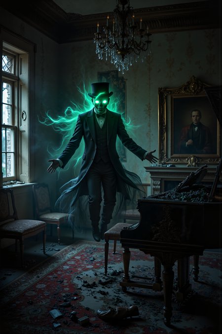 A hyper-realistic portrait, photorealistic photo close-up image oA hyper-realistic portrait, photorealistic photo close-up image of  Within the decaying remains of an old, abandoned mansion, a ghostly figure with hollow, glowing green eyes floats silently above a broken grand piano, its keys worn and covered in dust. The figure is dressed in an elegant, old-fashioned suit, his translucent form flickering as he slowly drifts through the dark, cobweb-strewn room. The faded wallpaper peels from the walls, and the once-opulent chandelier above sways gently, its glass crystals clinking faintly in the stillness. Moonlight streams in through the cracked, dirt-streaked windows, casting faint shadows across the tattered rugs and broken furniture scattered throughout the room. The air is thick with the musty scent of decay and the faint echoes of forgotten music, as though the ghost is trapped in a moment of the past, forever repeating his final performance. His fingers hover just above the piano keys, as if poised to play, but no sound emerges from the long-silent instrument. The mansion creaks and groans with age, its forgotten grandeur crumbling around the lone, spectral musician. The atmosphere is heavy with the weight of lost memories and unfinished melodies, as the ghost lingers, bound to his eternal concert. (photography, high-resolution, dynamic, energetic,hyper-realistic, dramatic lighting, shallow depth of field.), detailmaximizer, MythP0rt (photography, high-resolution, dynamic, energetic,hyper-realistic, dramatic lighting, shallow depth of field.), detailmaximizer, MythP0rt<lora:midjourney_whisper_flux_lora_v01:0.55><lora:aidmaMJ6.1-FLUX-V0.1:0.4><lora:FluxMythP0rtr4itStyle:0.4><lora:detailed_flux_ntc:2.2><lora:aidmaImageUpgrader-FLUX-V0.1:0.65>