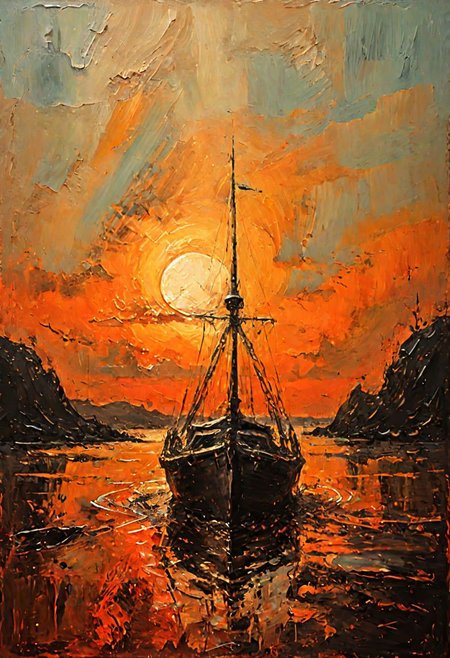 Impressionist oil painting on an old canvas, sunset on the beach , yatch on the sea, energetic strokes, black and bronze palette, fine and detailed strokes