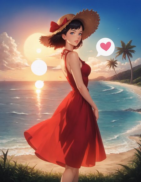 score_9, score_8_up, score_7_up, score_6_up, score_5_up, score_4_up,  GHBL, 1girl, artist name, bare shoulders, beach, black hair, blue eyes, bow, breasts, dated, dress, grass, hat, hat bow, hat ribbon, horizon, lips, looking at viewer, looking back, medium breasts, ocean, orange sky, outdoors, palm tree, parted lips, realistic, shore, sky, sleeveless, sleeveless dress, solo, straw hat, sun, sun hat, sundress, sunset, water, wind, red dress , (((heart shaped clouds))), (((love))), (((heart shaped spume))),  <lora:add-detail-xl:1.5>   <lora:Dramatic Lighting Slider:2.2> <lora:GHBL:0.7>