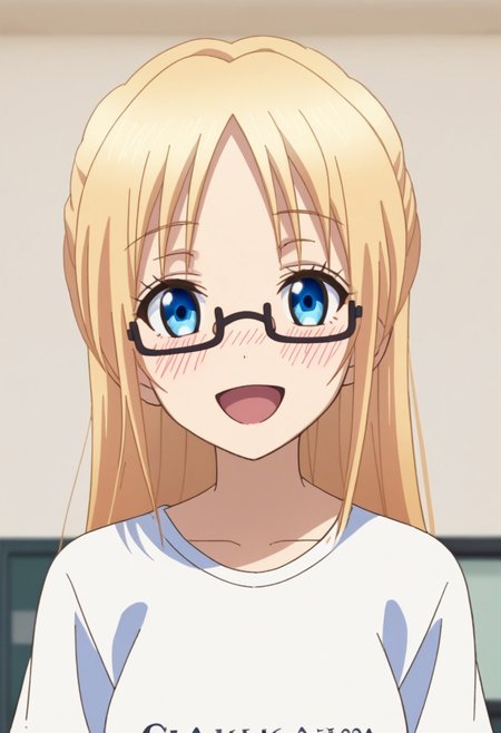 score_9, score_7_up, source_anime
ChisatoMizusawa, 1girl, solo, blue eyes, glasses, blonde hair, long hair, t-shirt, blush, open mouth, happy, 
indoor,