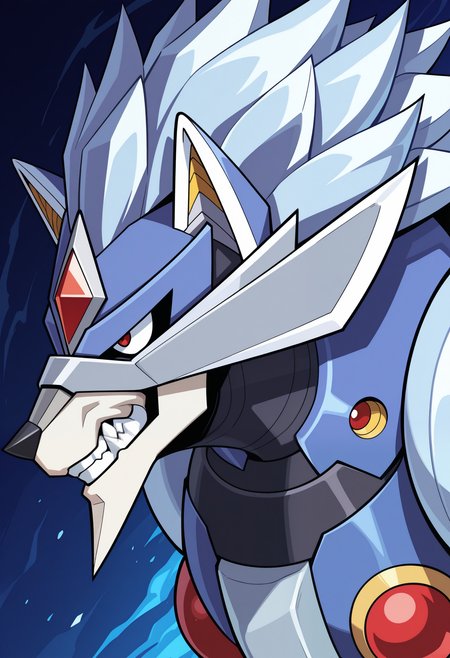 masterpiece,best quality,amazing quality, 1boy, solo, Bw0lfg4ng, robot wolf boy, robot, red eyes, blue hair, close up, side angle, smirk,