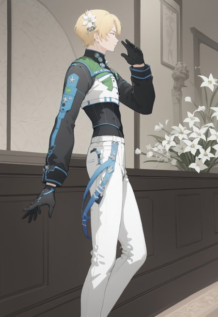 masterpiece, best quality, V4NGU4RD, gloves, solo, 1boy, male focus, blonde hair, black gloves, flower, pants, jacket, indoors, white pants, feet out of frame, short hair, profile, hand up, standing, white flower, long sleeves, from side, Vanguard Bolero, Vanguard Bolero of Scouting, hair ornament