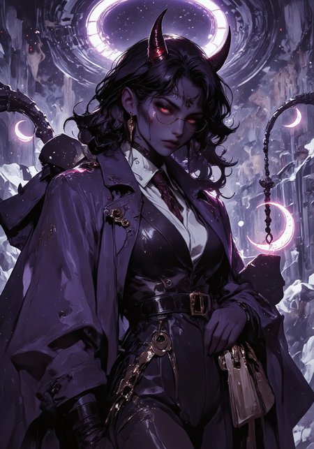A female Tiefling with purple skin, red eyes, dark hair, pointed ears, and crimson tipped black horns. She wears a heavy purple and black robes like a trenchcoat, glasses, a suit, and teardrop earrings shaped like crescent moons. mythp0rt, An1meL1nes, Anime art, Legenddarkfantasy mode, animeniji