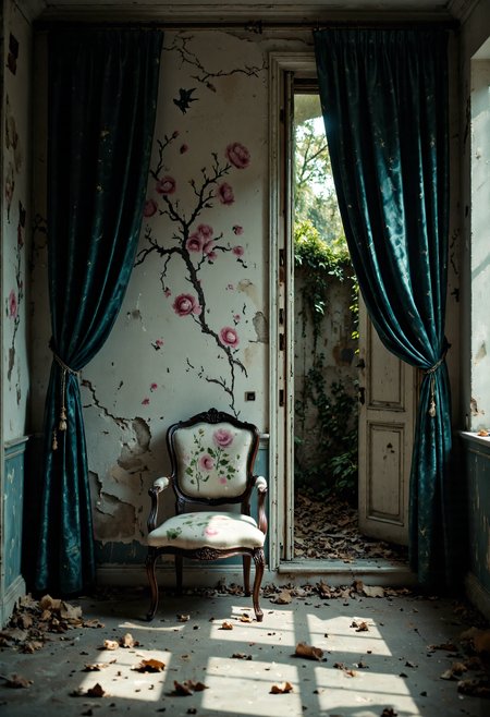 A moody, abandoned interior with an elegant, vintage aesthetic. A richly textured wall mural featuring delicate branches, blooming pink and white roses, and a solitary bird in flight evokes a sense of faded beauty. The wall shows signs of decay, with cracked plaster and exposed brick adding a raw, worn character to the room. A single ornate wooden chair with a floral-patterned seat cushion sits in front of the mural, casting soft shadows. Heavy, dark teal velvet curtains are tied to the side, partially revealing an old wooden door with distressed paint that opens to an overgrown garden, where creeping plants and scattered leaves spill into the room. Dappled natural light filters through the doorway, creating a melancholic ambiance. Style influences include dark academia, romantic decay, and vintage European elegance. in the style of Jed-clrfl <lora:flux-colourful:0.3> <lora:Sinfully_Stylish_.02_for_FLUX:0.6> <lora:FluxDFaeTasticDetails:0.5>
