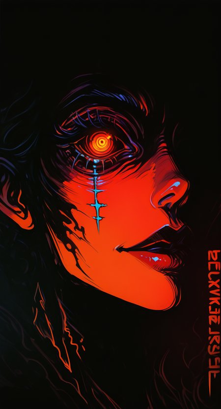 masterpiece, best quality, good quality, very aesthetic, absurdres, newest, 1girl, solo, looking_at_viewer, black_hair, 1boy, text, orange_eyes, lips, colored_skin, portrait, close-up, colored_sclera, red_lips, stitches, body_writing, horror_\(theme\), eye_focus, stitched_face, limited palette, sketch, glowing, psychedelic, Dutch Angle, <lora:ponyv5_noobE11_1_adamW-000013:0.7> <lora:USNR_STYLE_XL_lokr:1> <lora:Navi_LustStrokes_IL:1>