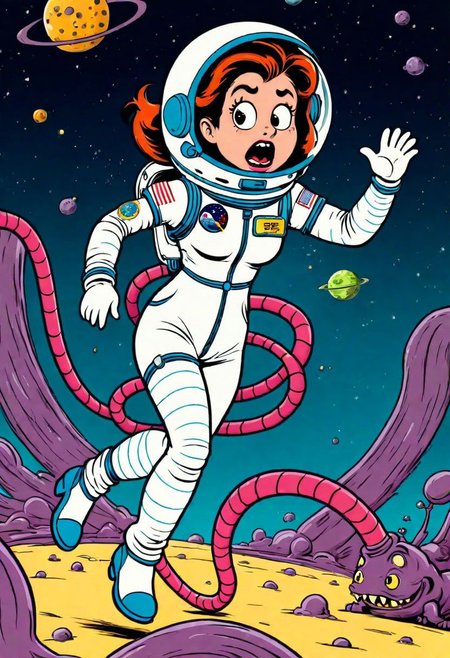 (rubber_hose_character:1.1), cartoon, frightened woman astronaut, chased by a really ugly monster