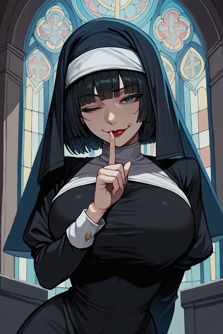 masterpiece, best quality, 1girl, solo,  <lora:ggino-illu-nvwls-v1-000006:1> striveIno, black hair, medium hair, bob cut, green eyes, lipstick, nun habit, black dress, black veil, looking at viewer, wink, church, shushing, stained glass, smirk, large breasts