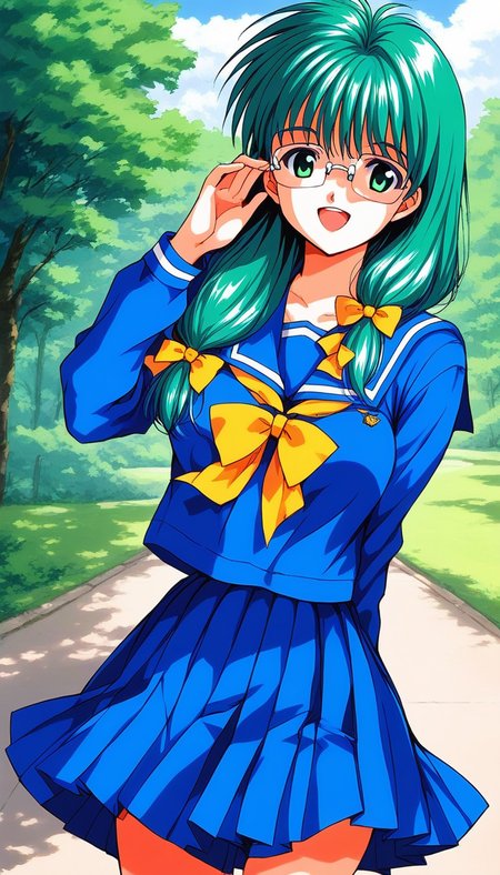 score_9, score_8_up, score_7_up, source_anime, rating_explicit, BREAK  <lora:Kisaragi_Mio_XL:1> Kisaragi_Mio, long hair, green hair, glasses, over-rim eyewear, green eyes, hair over shoulder, low-tied long hair,  medium breasts,
1990s \(style\), 1girl, solo, school uniform, blue serafuku, open mouth, looking at viewer, long sleeves, skirt, bow,
 blue skirt, sailor collar, yellow bow, smile, blue sailor collar, pleated skirt, shirt, blue shirt, 
outdoor, day, sky,