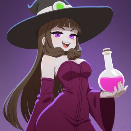 masterpiece, best quality, absurdres, highres, newest, <lora:witch-mt-richy-v1_ixl:1> mtwtch, dark grey skin, purple eyes, brown hair, long hair, front braid, single braid, blunt bangs, witch hat, black hat, purple dress, bare shoulders, strapless, breasts, detached sleeves, looking at viewer, smile, potion, round-bottom flask, holding flask, smug, open mouth