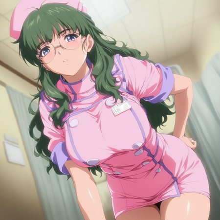 masterpiece,high score,great score,absurdres,1girl,solo,looking at viewer,cowboy_shot,<lora:Aoi_Akimoto ag4o v1:1> aoi_akimoto, green hair, long hair, blue eyes, glasses,nurse,
