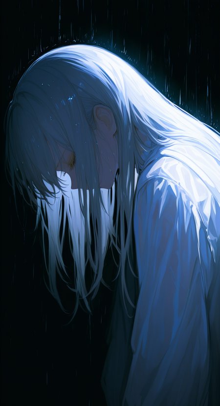 masterpiece, best quality, good quality, very aesthetic, absurdres, newest, 1girl, solo, long_hair, shirt, long_sleeves, dress, closed_mouth, upper_body, closed_eyes, grey_hair, sidelocks, white_dress, from_side, eyelashes, wet, profile, night, looking_down, backlighting, rain, light, wet_hair, dark, dark_background, sidelighting, head_down, facing_down <lora:spo_sdxl_10ep_4k-data_lora_webui:0.6> <lora:ponyv5_noobV065S_1_adamW-000013:0.7> <lora:USNR_STYLE_XL_lokr:0.45> <lora:748cmSDXL:0.4>