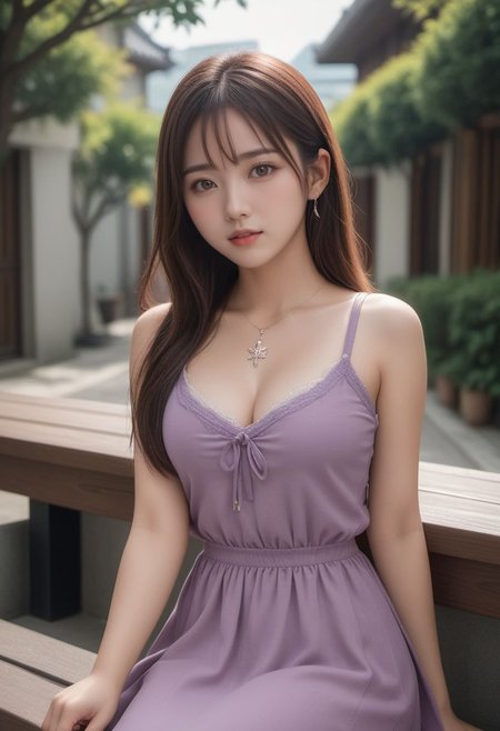 <lora:spo_sdxl_10ep_4k:0.5>, 
cute, girl, (kawaii:1), masterpiece, best quality, highres, 8k, intricate, elegant, highly detailed, dynamic lighting, (blurry background:1), 
extremely detailed eyes and face and skin, (symmetrical clear eyes:1.3), (slim face:1.2), realistic, photorealistic, realistic skin, (sharp:1.15), real eyes, real skin, high saturation, 
<lora:age_slider_v4:-0.5>, <lora:beautiful_girl_ver2:0.3>, majicmix_style, <lora:DetailedEyes_V3:0.3>, 
BREAK
1japanese girl, solo, 1girl, breasts, sitting, brown hair, jewelry, cleavage, necklace, long skirt, grey skirt, flower fprint skirt, outdoors, looking at viewer, stairs, bench, medium breasts, long hair, purple cardigan, tree, parted lips, brown eyes, day, hand on lap, lips, white shirt,