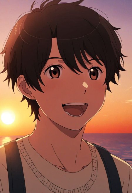 high resolution, solo, best quality, 1Boy, Inaho Kaizuka, Black Hair, Brown Eyes, laughing, very happy, sunset, looking at viewer,, OverallDetail