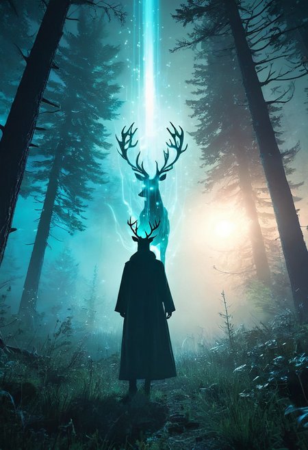 A mystical digital artwork depicting a supernatural encounter in a misty forest at night. A silhouetted figure in a long coat stands before a massive, ethereal stag composed entirely of glowing cyan light particles. The spectral deer hovers above the ground, its intricate antlers and luminescent form casting an otherworldly glow through the fog-filled forest. Tall evergreen trees frame the scene, while wild grass and plants cover the forest floor. The low-angle perspective and central composition emphasize the magical nature of the encounter, with deep depth of field maintaining clarity throughout the scene. Wide-angle digital art with atmospheric lighting and sharp focus.