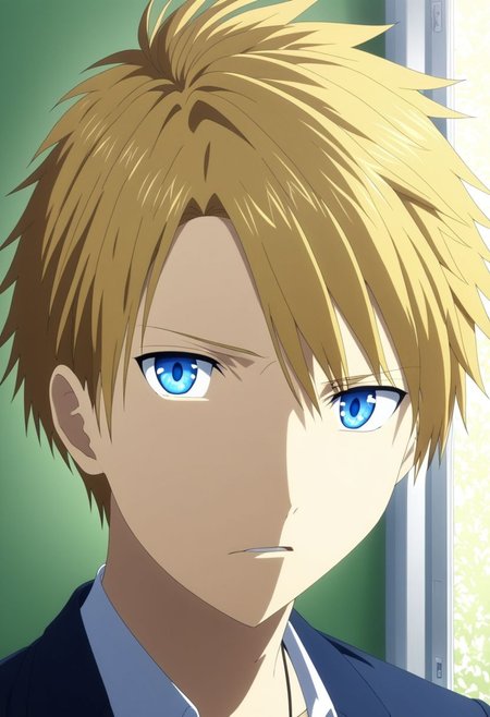 high resolution, solo, best quality, 1Boy, Yamato Ishida, Blond Hair, Blue Eyes, Necklace, school, school uniform, OverallDetail