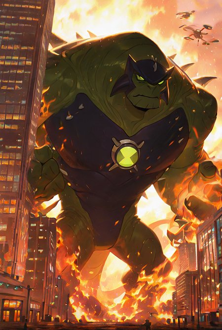 <lora:ulthum-09:1> ulthum, spikes, solo, no humans, green eyes, green skin,,  <lora:WSSKX_WAI:1>, fire background, giant, standing behind building, covered by building, skyscraper view, giant, kaiju, fire everywhere, dynamic pose, upper body, helicopters, movie scene, golden hour,, masterpiece, best quality, amazing quality, very aesthetic, absurdres, newest,
