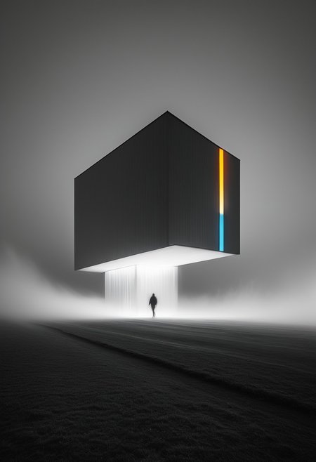 A lone stylized cartoon character with exaggerated features and bright colors skips through a vast, foggy landscape, their vibrant form contrasting the surreal monochrome world around them., phenomenological architecture, long exposure photography, ephemeral light traces, spatial poetry, sculptural modernism, temporal abstraction, architectural dissolution, light and shadow interplay, conceptual minimalism, motion blur through time, ghostlike human presence, intuitive material form, contemplative spatial narrative, atmospheric structure, temporal distortion, photographic time-lapse, luminous transience, architecture as memory