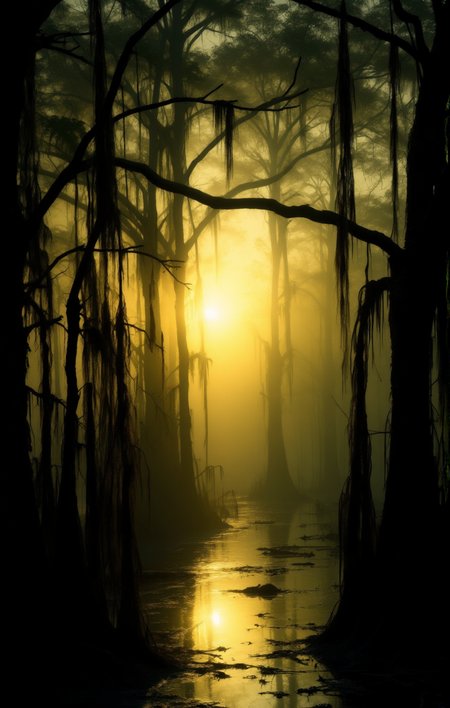The image captures a serene and mystical forest scene during what appears to be early morning or late evening. The sun's rays pierce through the dense canopy casting a golden hue over the water below. Moss-covered trees with hanging branches dominate the scene and the water reflects the surrounding trees. Eerie atmosphere <lora:- Flux1 De-Distilled - temp_haunting_cre_1.0-step00002400:.8>