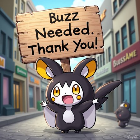 Emolga in a city, holding up a sign that says "Buzz needed. Thank you!"