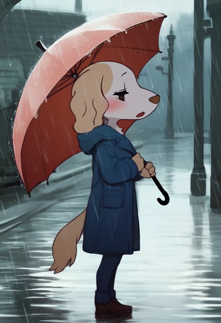 <lora:Inui_Aggretsuko-03:1> score_9, score_8_up, score_7_up, score_6_up, score_5_up, score_4_up, inui_aggretsuko, dog girl, furry female, standing, full body, lineart, blush, half-closed eyes, from side, open mouth, snout, black eyes, coat, outdoors, umbrella, rain, pants, shoes, holding umbrella, 1girl