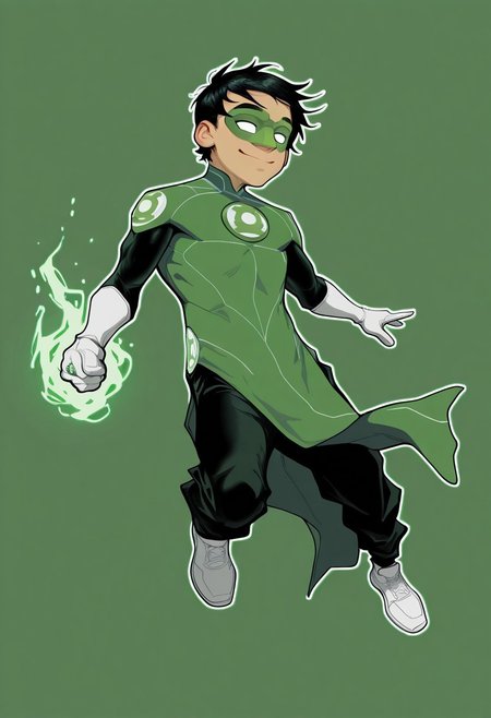 masterpiece, absurdres, high quality, perfect anatomy, 1boy, solo, cute boy, male focus, TaiPham, Black Hair, Green Lantern Ring, Green Lantern Costume, Green and Black Bodysuit, Green Domino Mask, White Eyes, White Gloves, Pelvic Curtain, Black Pants, White Shoes, Glowing Green Outline, Green Energy Aura, floating, levitating, big smile, cinematic, intricately detailed illustration, depth of field, masterpiece, best quality, amazing quality, very aesthetic, absurdres, newest, very awa,  shadow, dynamic angle, casual cosplay, dynamic pose, simple background, green theme, beitemian style