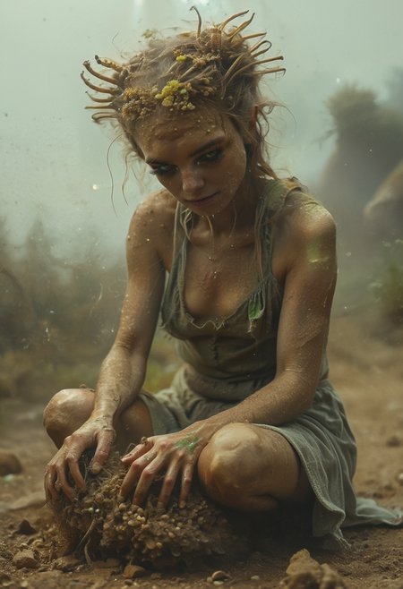 (Dust and particles:1.1) are floating in a dense atmosphere. Volumetric lighting adds the depth to the scene.
This surreal hyper-realistic full body photograph depicts a mutated feminine human being with rare thick and short protrusions scattered on natural skin surface. (Organic protrusions:1.3) look like weirdly looking (spiraling bumps and ripples on the skin:1.2). Body hair and sparse coat around the protrusions adds realism. Golden-violet veins and finest folds adds to surreal qualities of the picture.
Excess analog film grain, light leaks and color bleeding, color fade out, creamy bokeh ellipses gives a very strong feel of ancient analog film photograph or old found photo card from mid-20th century.
In background there are unclear silhouettes of weirdly-looking alien animals wandering by the extraterrestrial wild landscape with rare phallic vegs protruding from ground.
Creature caresses some formless organic blob with bumpy surface.
Characters anatomy is weirdly curved and deformed as if something bent it's limbs in wrong directions.
Image features an exceptional realism. Cinematic look and feel with professional color grading and slight cinematic yellow-green toning. Its hands are perfectly rendered with anatomically correct five fingers. Creature sex is ambiguous because there are no primary sex attributes noticeable under its clothes. Clothes are also generic without any allegiance to any sex.
BREAK alien female. bumpy skin surface, mutations, skin protrusions, organic protrusions and bumps, organic sprouts on skin. surreal fantastic photograph.
BREAK (perfectly rendered hands, anatomically correct five fingers, detailed eyes, long lashes perfectly rendered with finest details:1.2). (source_photo, source_real, content_realistic:1.125). (analog film photography precise imitation, cinematic still, cinemascope, cinematic color grading, cinematic warm-yellow-green toning,  decaying metals:1.3). (Curved volumetric  light rays:1.3).
<lora:Consistency Corrector XL:0.75>  <lora:add-detail-xl:1> <lora:detailed_eye_model:0.85> <lora:BodyDetailsPonyXL:0.75> <lora:FaceSkinDetailsPonyXL:0.9> <lora:Detailed_eyes:0.85> <lora:zy_Detailed_Backgrounds_v1:0.95> <lora:SkinandBodyDetailsPonyXL:0.8>