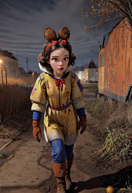 Rusted, rusted landscape, an Disney princess Snow White,  wearing a Hazmat suit, walking on a side walk in a run down russian city, smoke, chem trails, extreme close-up, portrait, raw, masterpiece, extreme insanely realistic detailed and intricate, extreme realistic detail, doomer aesthetics, depressing feelings, night, panelka,vintage painting,painting,realism,