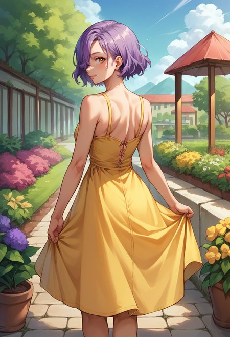 score_9, score_8_up, score_7_up, source_anime, 1girl, solo, erinap5t, short hair, hair over one eye, purple hair, from behind, yellow sundress, garden, day, sunshine, smile, looking back, <lora:zs_ErinaXL:1>