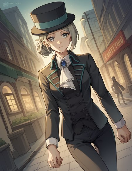 score_9, score_8_up, score_7_up, source_anime, <lora:reverse1999-vertin-ponyxl-lora-nochekaiser:1>,, vertin, freckles, grey eyes, grey hair, hair bun, short hair, medium breasts,, hat, suit, top hat, long sleeves, pants, black pants, ascot, gemstone,, city street, evening, streetlights, walking dog, quiet neighborhood, gentle breeze, , , hand holding a pencil, solo,, cowboy shot, dutch angle