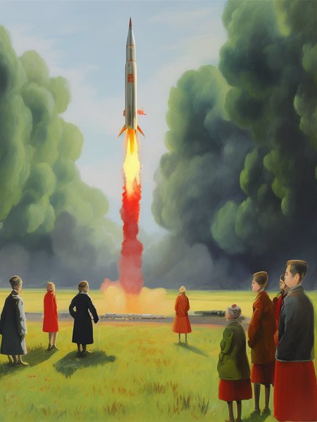 painting of a missile launching in the distance, rocket launch, soviet ,propaganda poster, art by socialistrealism, cccp