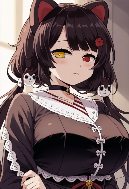 1girl, inui toko, dog girl, heterochromia, closed mouth, choker,  :<, frills, black hair, dog ears,virtual youtuber, hair flower, flower, animal ears, brown hair, long hair, yellow eyes, twintails, hair ornament, low twintails,  red eyes,  <lora:pony_char_inui_toko-000006:1>,,,,,, anime coloring, anime screencap, 1girl,Solo ,, anime,PUFFY nipple,huge breasts,,official art, Uncensored ,Unedited ,,,, , ,,,
