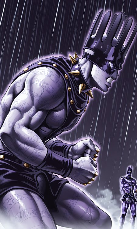masterpiece,best quality,amazing quality,absurdres,highres,very aesthetic,
painting,stand(jojo),
cowboy shots,from side,
leaning forward,clenched teeth,clenched hands,
white_snake\(jojo_stone_ocean\),
mask,crown,spiked collar,
tattoo,muscular,wristband,
purple skin,glowing,purple outline,glowing outline,realistic,
rain,outside,fog,wet,night,blurry,monochrome,