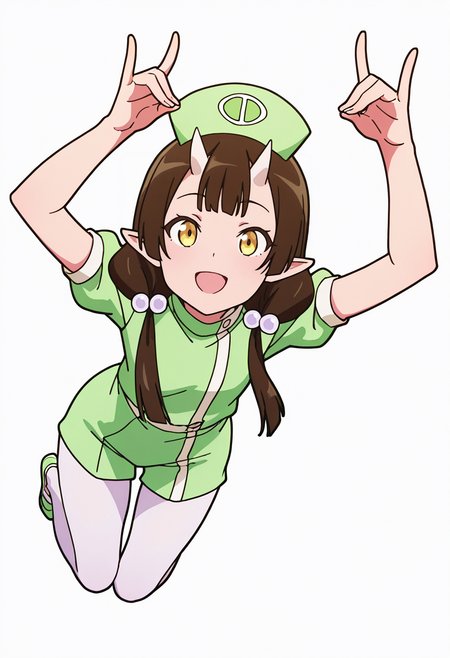 Smooth Quality,masterpiece,very intricate, high quality details, ultra realistic, high detailed skin,detailed enviorement,absurdres,
fox shadow puppet,solo,
 <lora:Care_Resumisu_CNR:0.8> care_cnr, 1girl,brown hair, pointy ears, long hair, yellow eyes, oni, low twintails, skin-covered horns, brown eyes, care_green_cnr, green dress, short sleeves, white pantyhose,puffy sleeves, puffy short sleeves, green shirt, shirt, hat, nurse cap, hair bobbles,, simple background, white background, from above,
jumping, arms raised, legs bent, happy face, energetic posture,  ,, bolero jacket,  ,unitard,  ,cargo pants, ,, | |,
