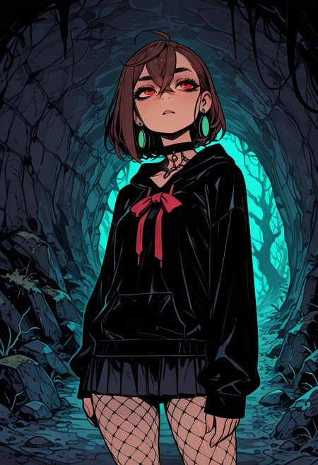 score_9, score_8_up, score_7_up, masterpiece, best quality, very aesthetic, detailed face, (dynamic:1.2), stylized, illustration, dynamic pose, nsfw, girl, small nose, <lora:Rapscallion_Illustrious:0.2> <lora:incoth:0.4> incoth, (incase:0.6),   <lora:ck-shadow-circuit-IL:0.5> in the style of cksc <lora:ayase_momo-koto-Illustrious v01:0.7> (ayasemomo, hair between eyes, crossed bangs, green earrings,  brown hair, red eyes, black choker, short hair:1.1), (black shirt, red bowtie, pleated skirt, goth uniform, fishnets, chains, midnight hoodie, long sleeves:1.1), (cave, darkness, stone, cold, moss, tunnel, mystery:1.1)  <lora:LeIsT0_style:0.8> LeIsT0_illu,  <lora:Sinozick_style:0.4> Sinozick_illu, gradient, spot colorâââ