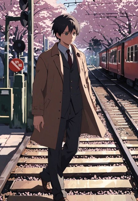 Highres, Masterpiece, High Quality, 4K, 8K, solo, 1Boy, Takaki Toono, adult, black hair, short hair, brown coat, trousers, passing train, railroad crossing, cherry blossoms, easynegative, detailed_eye_model